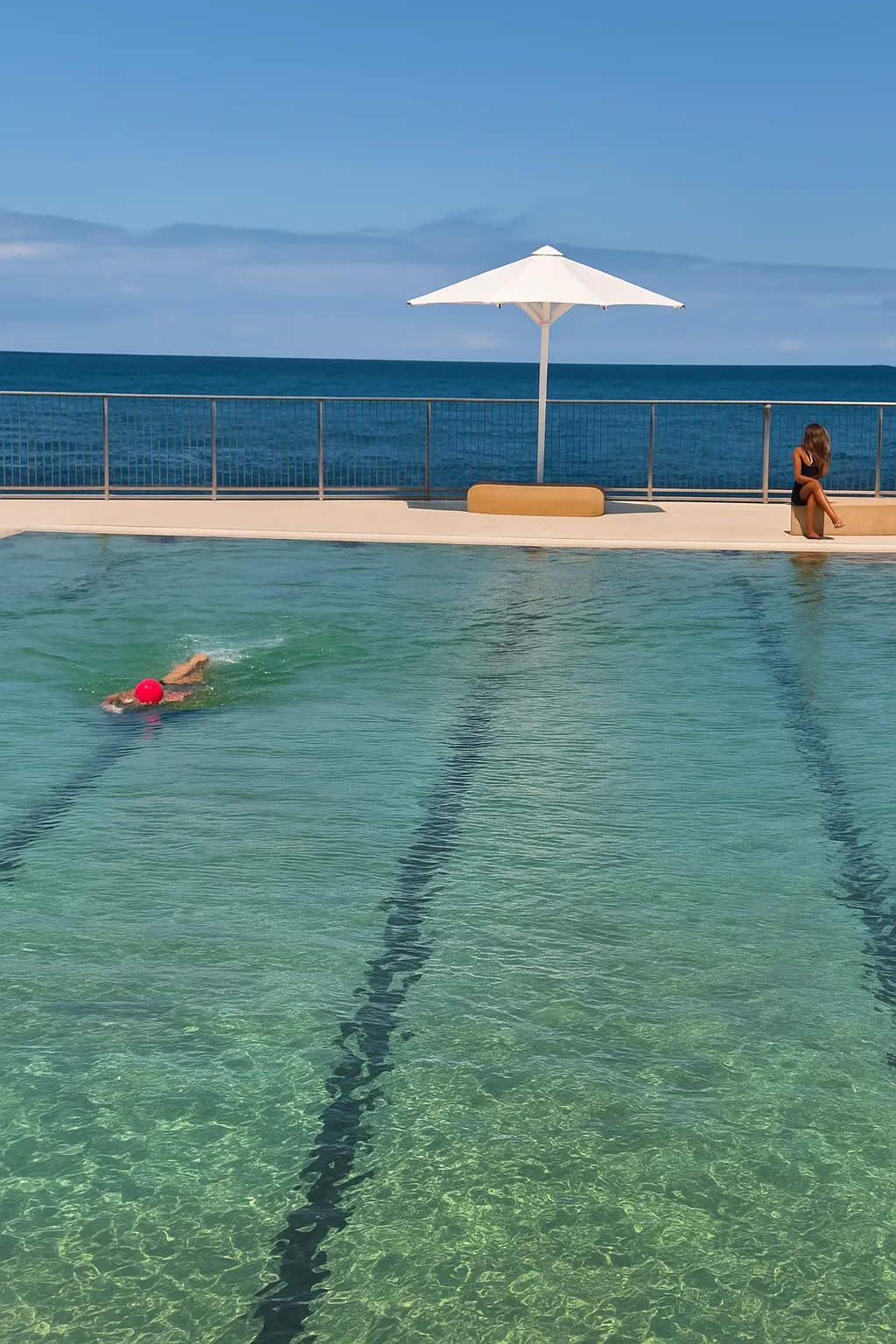 Kings Beach ocean pool with swimmer and ocean backdrop